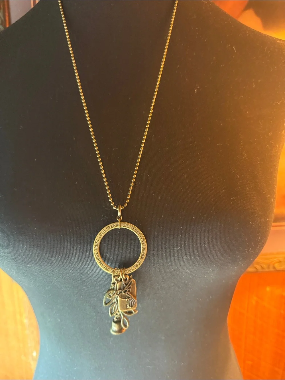 Vintage-Inspired Bronze Charm Pendant Necklace - Love/Dream/Trust